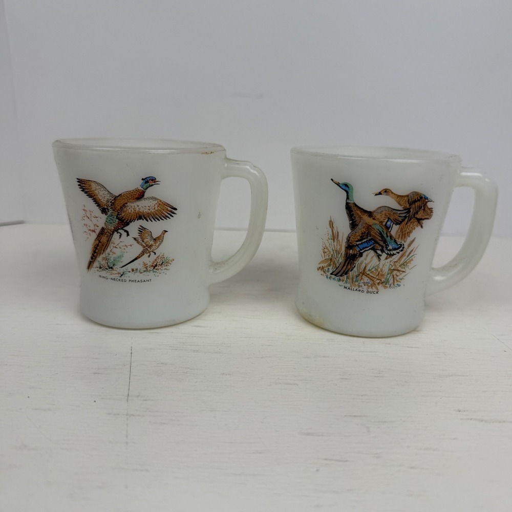 Fire King Vintage Milk Glass Game Bird Mug Set Ring-Necked Pheasant Mallard Duck
